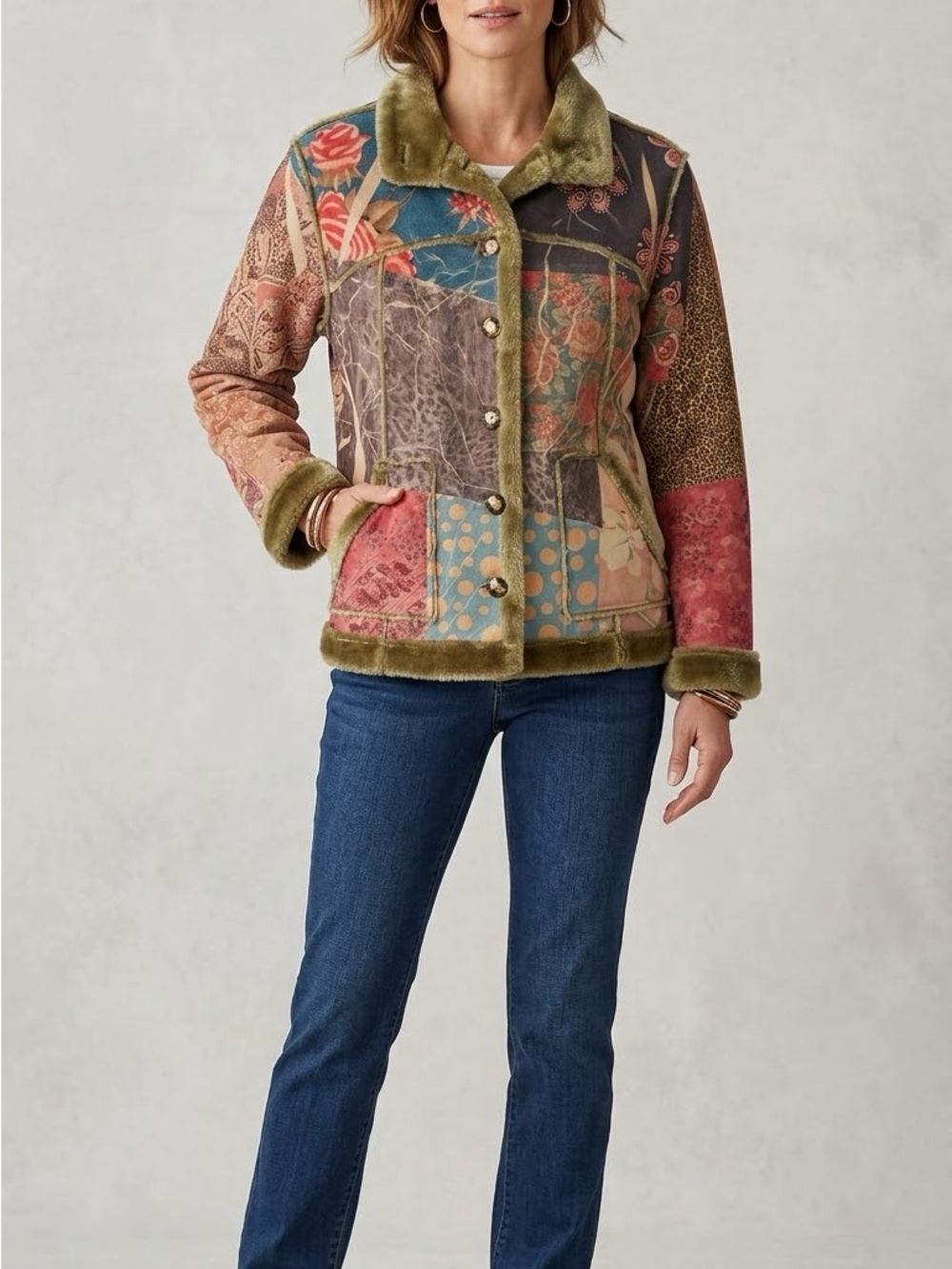 Coldwater Creek Olive Multi Patchwork Bomber with Faux-Fur Trimmed Edges